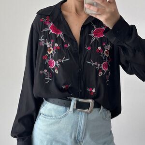 Floral Embroidered Black Blouse